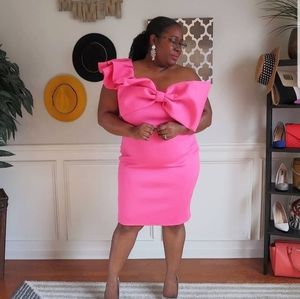 Neon Pink Big Bow One Shoulder Bodycon Dress